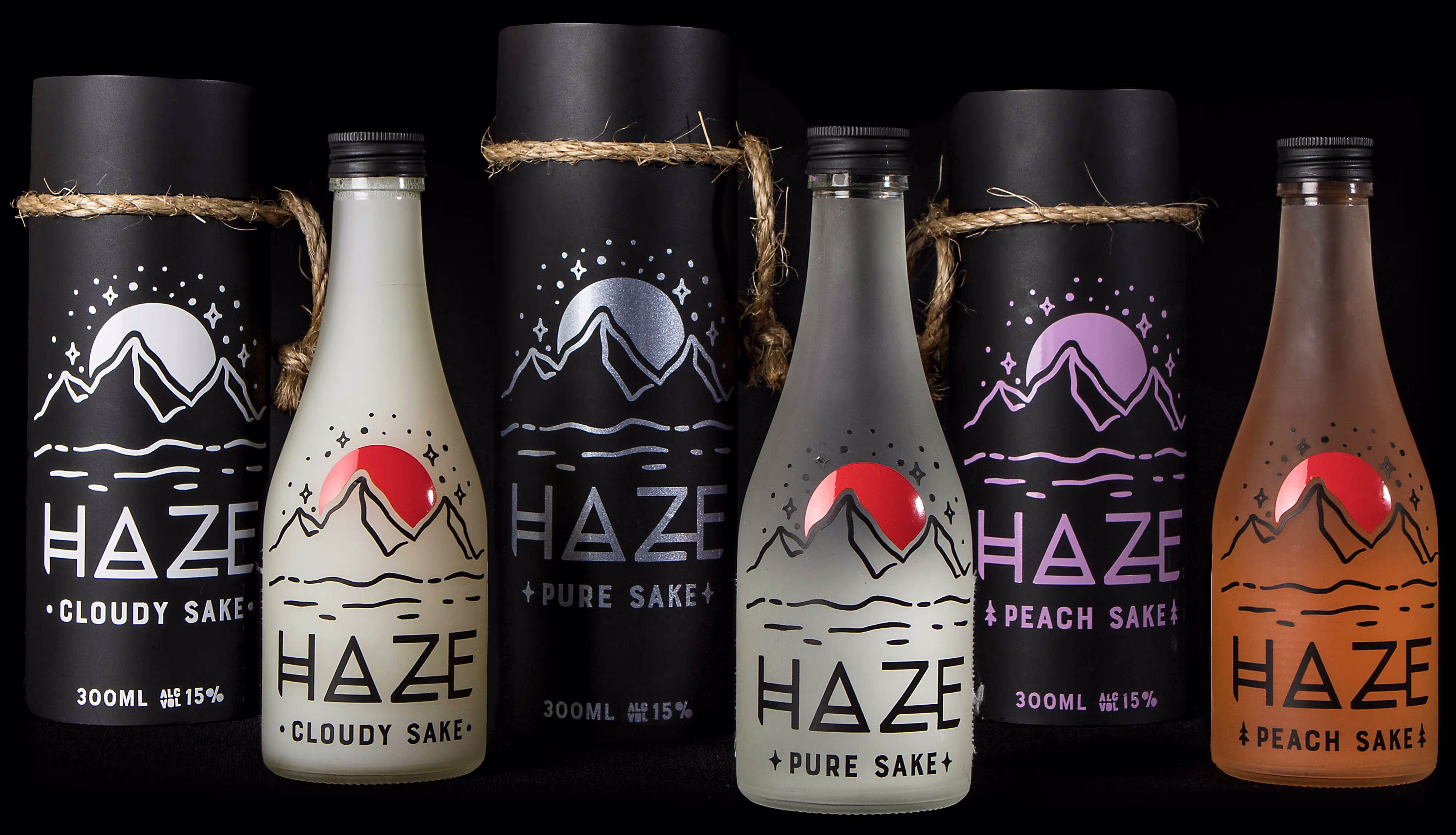 All three Haze Sake sets, showcasing the differences in flavors, colors, and designs. 