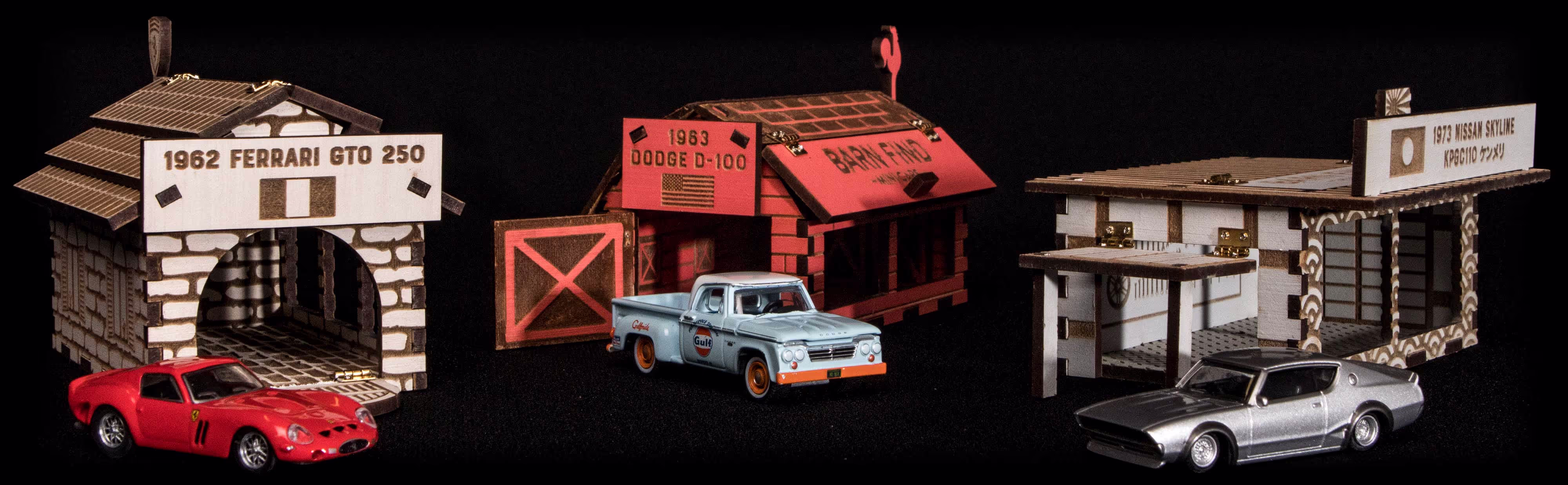 All three Barn Find Mini Car sets, showcasing each miniature car and the packaging we designed.