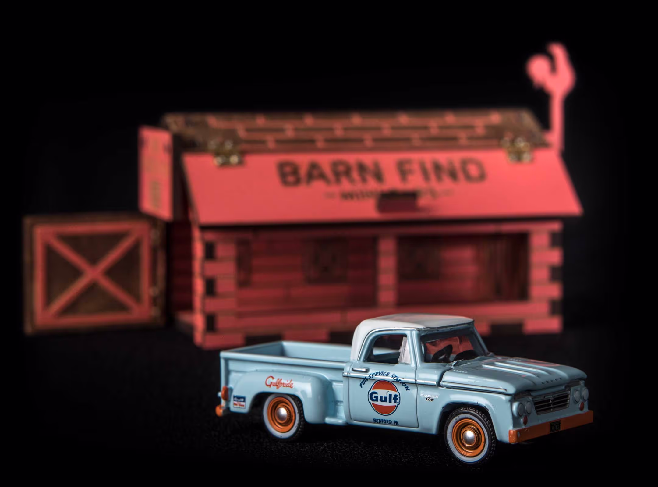 The USA set variation of Barn Find Mini Cars, showcasing the miniature Dodge pick-up truck and the custom packaging we designed, portraying the scene of an old American barn.