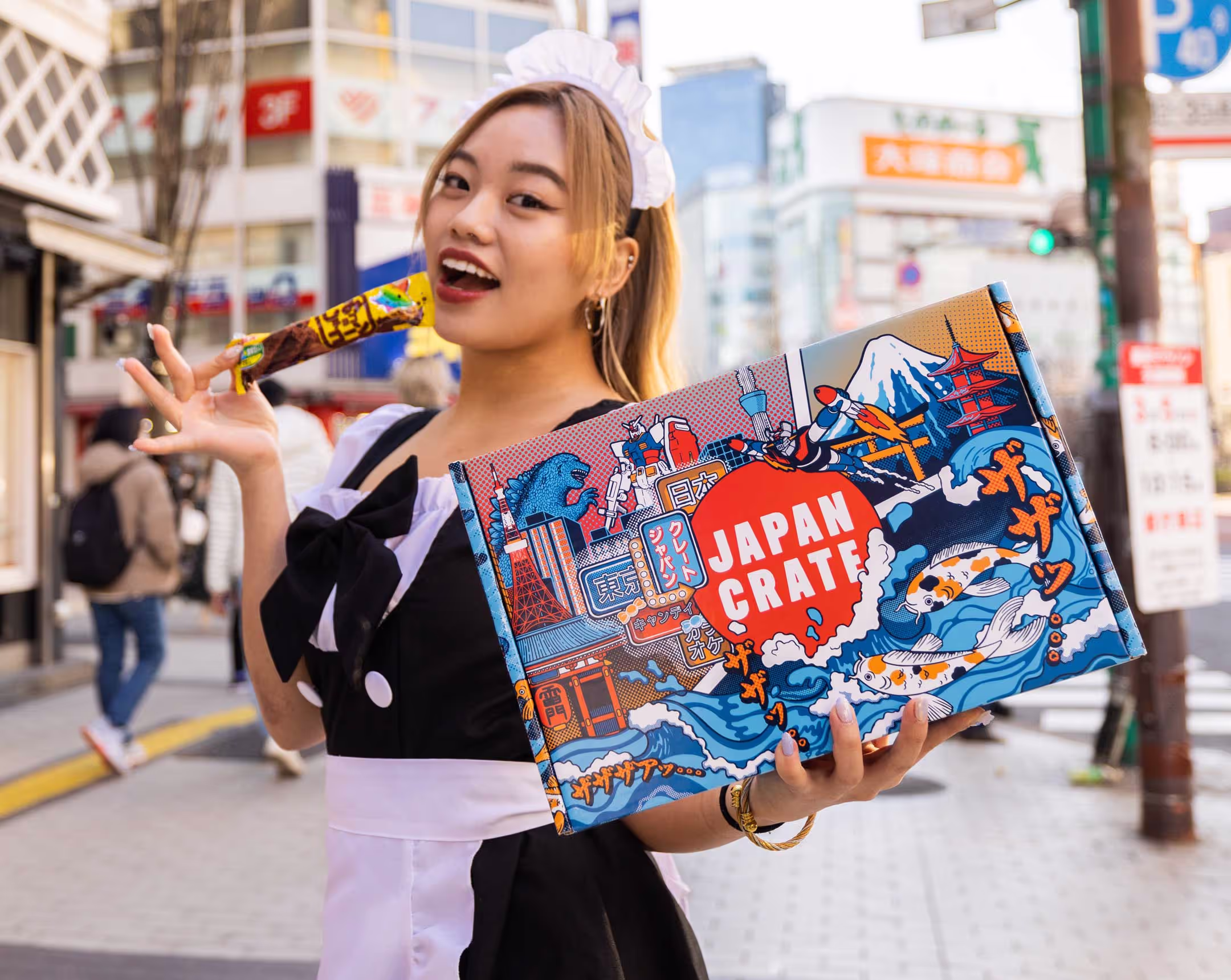 A person wearing a Japanese maid outfit and holding a vibrant package. The package features artwork based off the famous sites and icons of Japan illustrated in a cartoonish way.