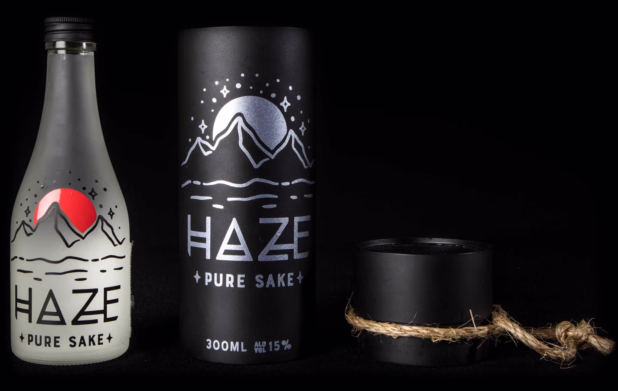 The pure sake variation of the Haze Sake set, showcasing the bottle, the unique packaging, and the high-quality design of the product.