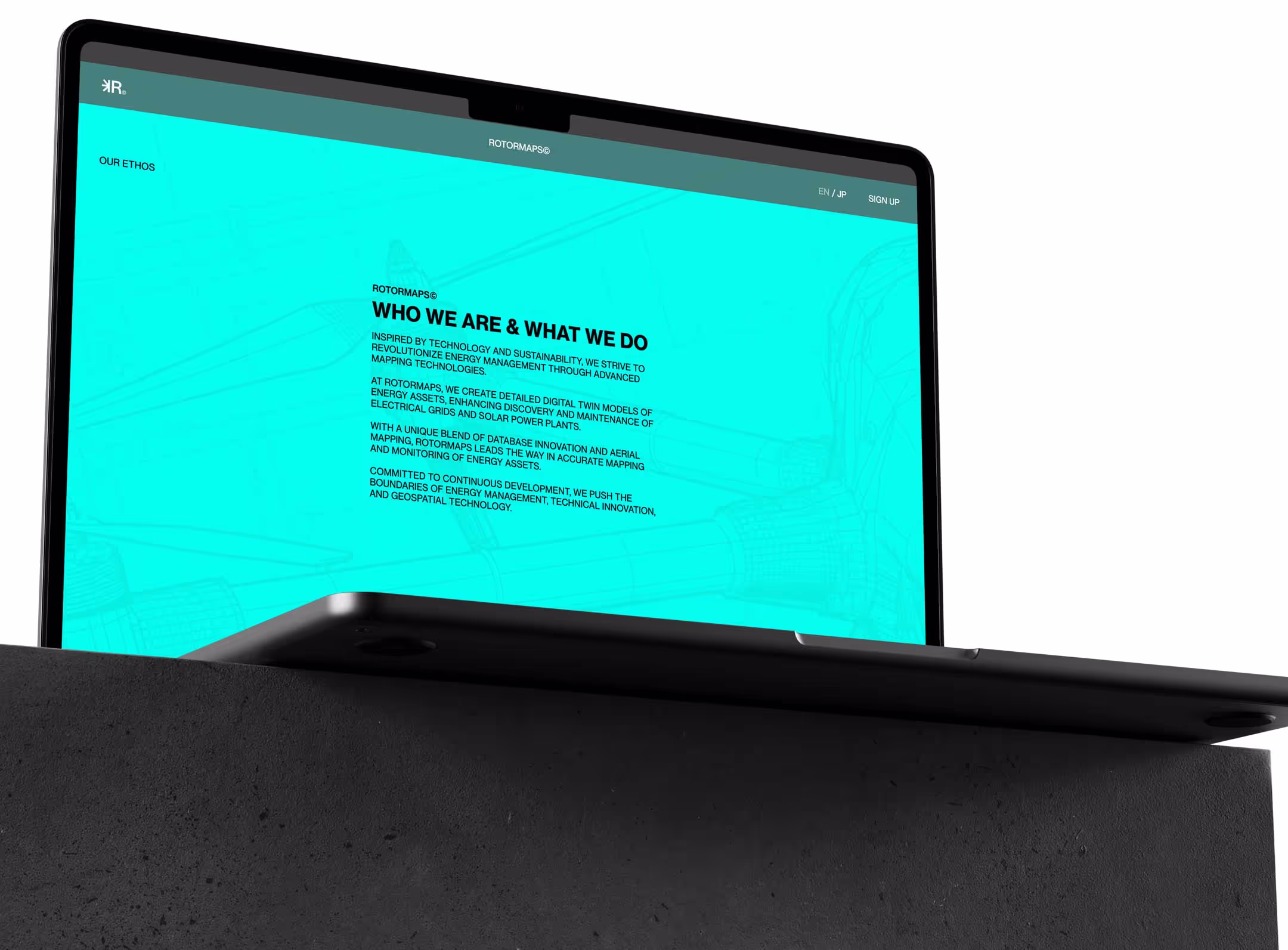 A computer screen featuring the Rotormaps website, mainly showcasing the "ethos" section of the website along with some supporting elements.