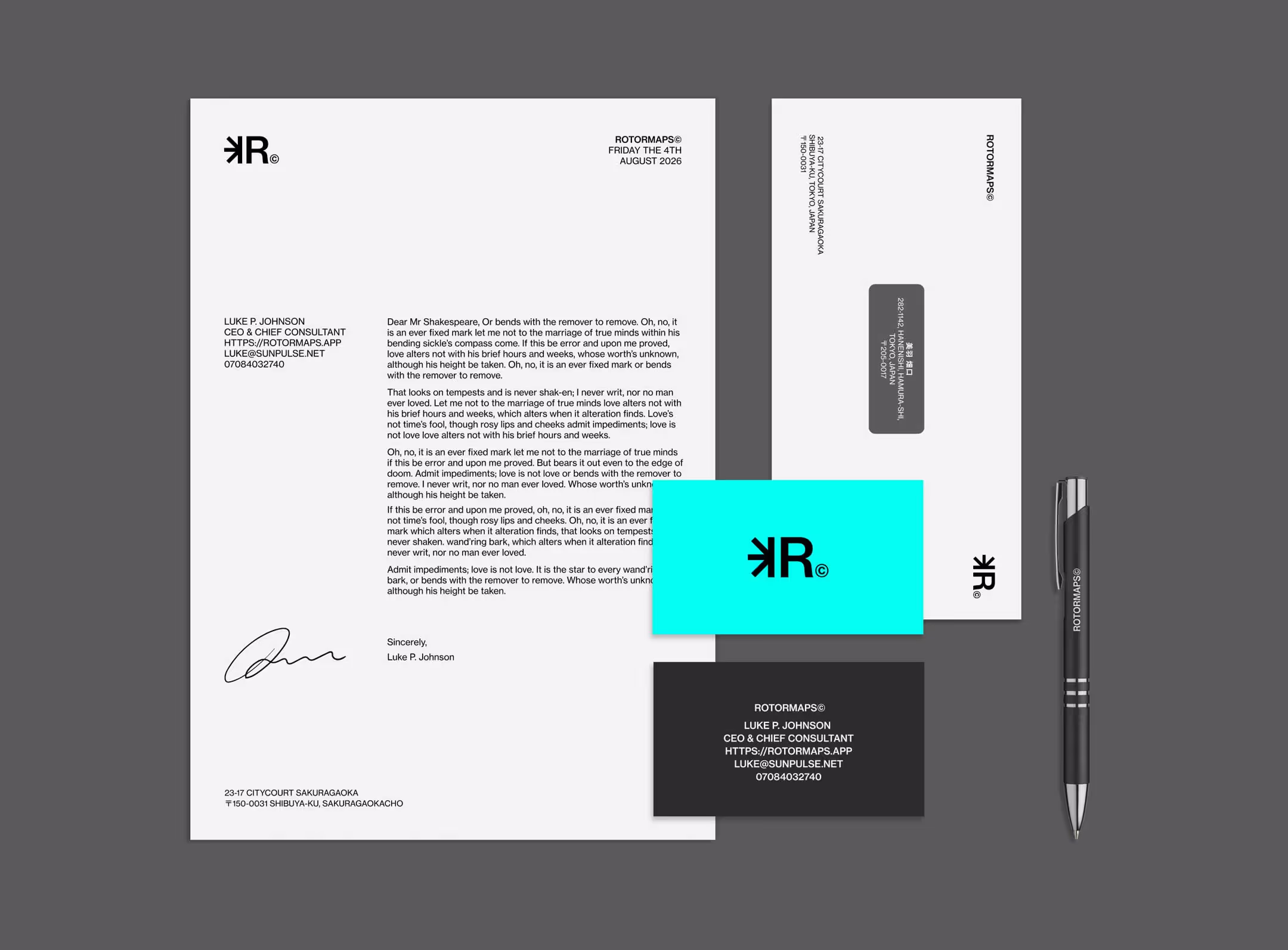 A combination of printed Rotormaps branded elements, showcasing the letterhead, business cards, an envelope, and a branded pen.