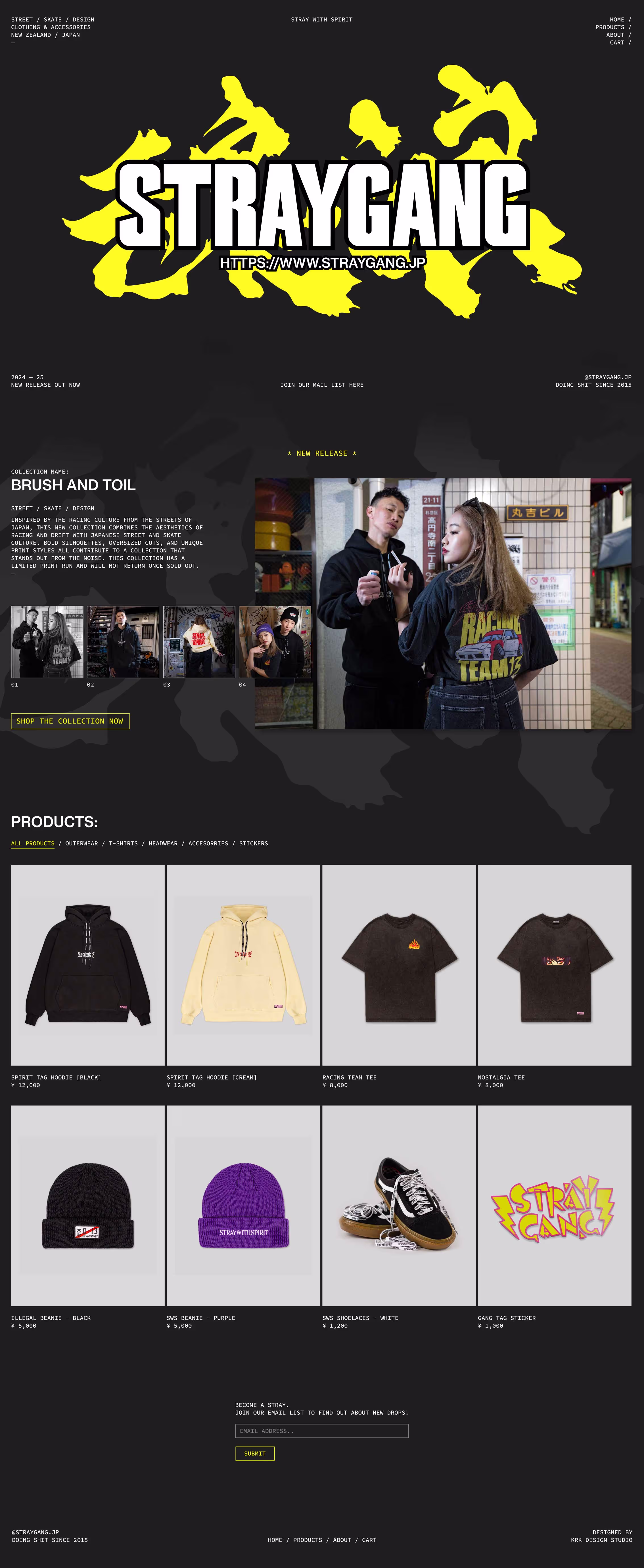 Straygang's website shown on a mock-up, scrollable internet browser.