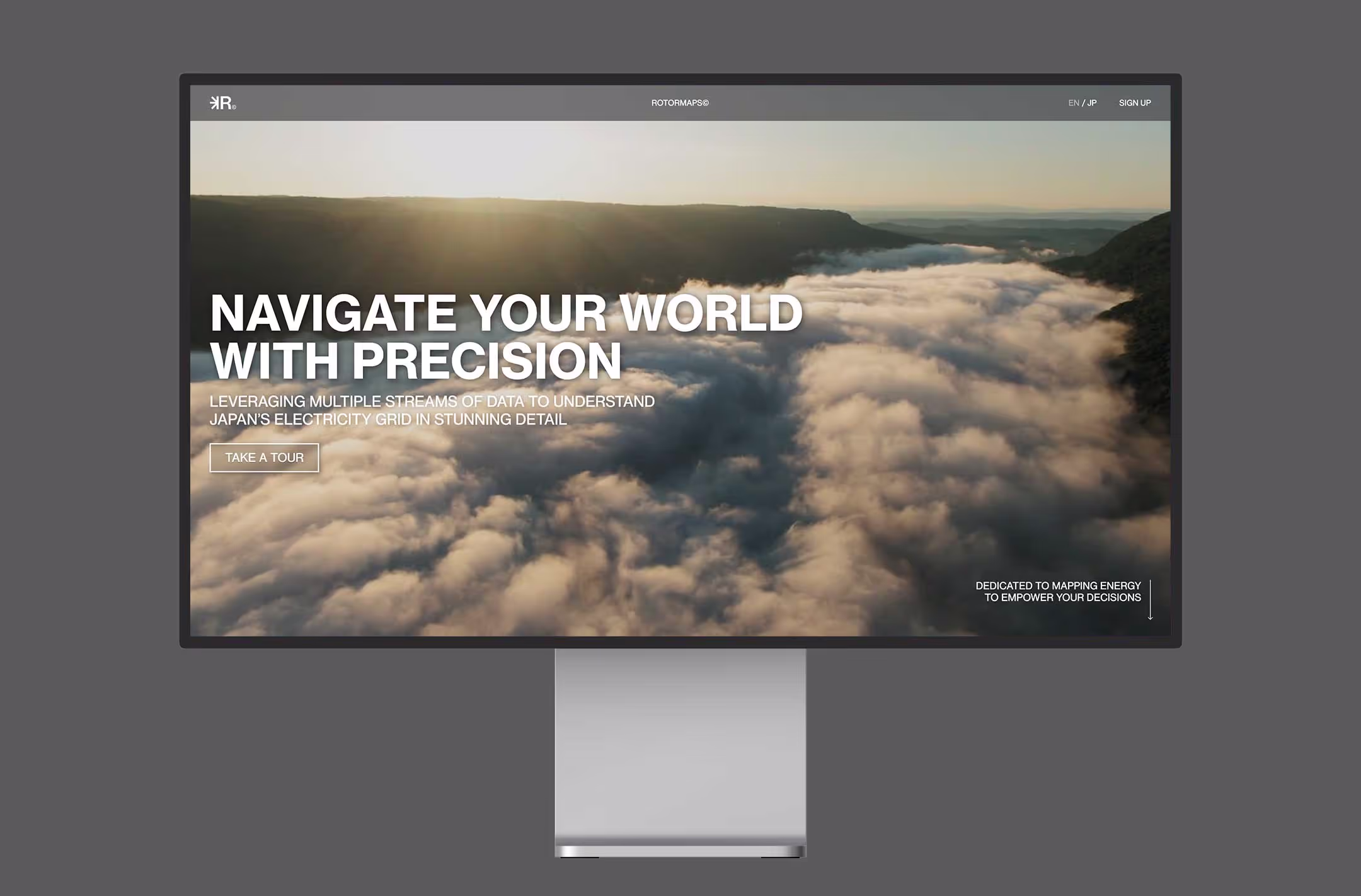 A computer screen showcasing the header section of the Rotormaps website along with some supporting brand elements.